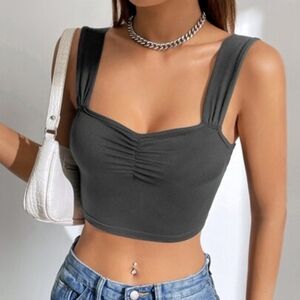 SHEIN EZwear Balletcore Ruched Bust Crop Top Wide Strap,Gray Small
